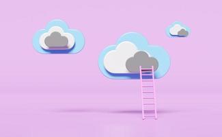 cloud with ladder or stairs isolated on purple background. cloud storage download, upload, data transfering, datacenter connection network concept, 3d illustration, 3d render photo