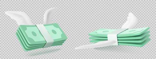 Flying stack of money with white wings, 3D vector