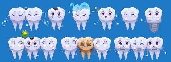 Teeth cartoon characters, clean and dirty tooth vector