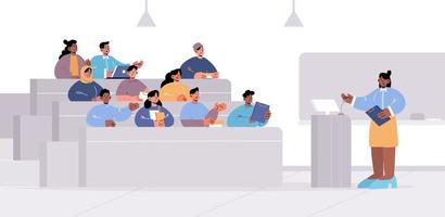 Lecture hall with teacher and multiracial students vector