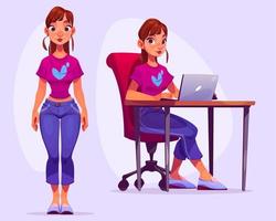 soporte de dibujos animados de mujer joven y sentado en el escritorio vector