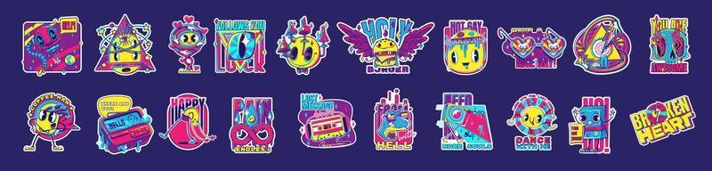 Psychedelic retro rave stickers with funny patches vector