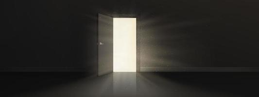 Open door with bright light behind in dark room vector