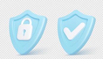 3d render shields with padlock and tick sign