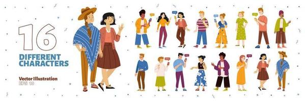 Set of different flat characters with smartphones vector