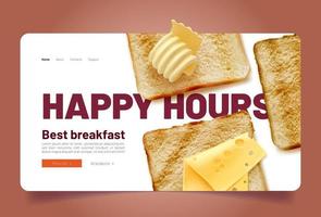 Happy hours for breakfast landing page with toasts vector