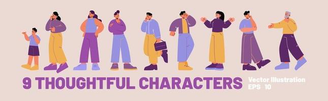 Thoughtful characters set. Diverse people think vector