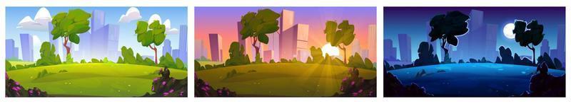 conjunto de ciudad de dibujos animados de mañana, día y noche