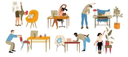 Office employees exercise at work, stretch at desk vector
