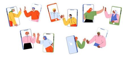 People on phones give high five, video call vector