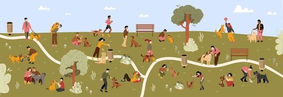 Dog park with people walking with their pets vector