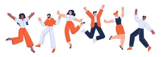 Happy office employees jump with raised arms vector