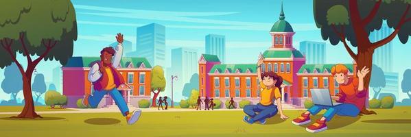 Students on campus near university building vector