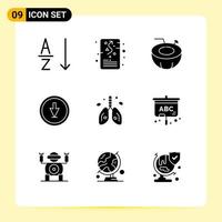 9 Universal Solid Glyph Signs Symbols of pollution navigation coconut down arrow Editable Vector Design Elements