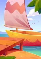 Boat at wooden pier, sailboat with white sails vector