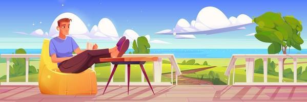 Man rest in bean bag chair on wooden porch vector