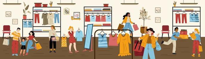 Fashion store with happy buyers and clothes vector