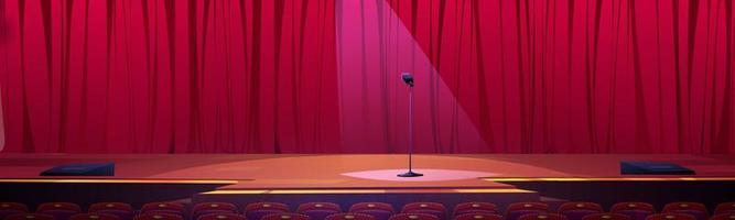 Stage with red curtains and microphone, podium vector