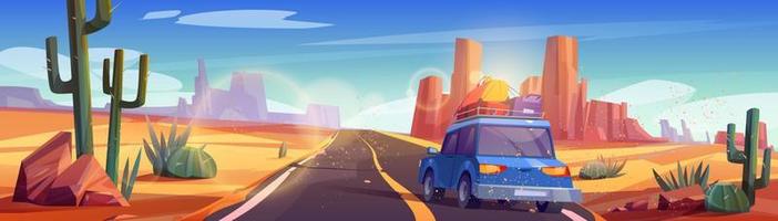 Car with baggage on top driving desert road vector