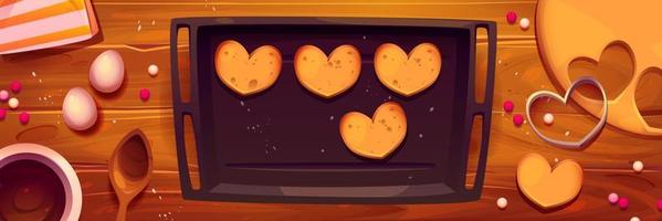 Baking sheet with cookies on kitchen table vector