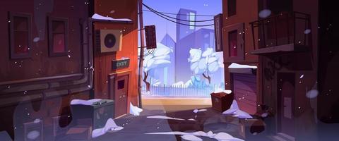 Winter city street landscape with back alley vector