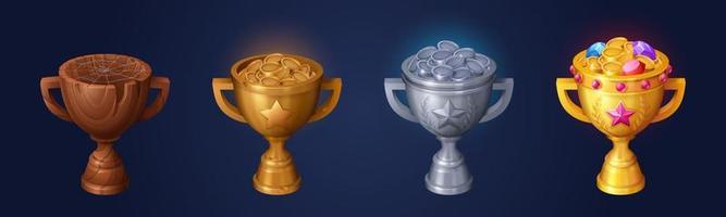 Rank trophies, gold, silver, bronze, wooden cups vector