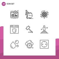 9 Thematic Vector Outlines and Editable Symbols of auction shield regularities security floral Editable Vector Design Elements