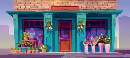 Flower shop facade, traditional city store front vector