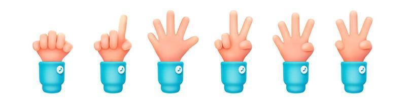 3D set of hand showing one to five fingers, fist vector