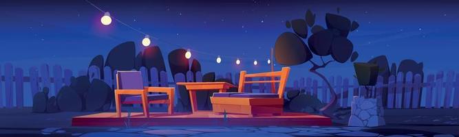 Backyard, house patio with table, chair at night vector