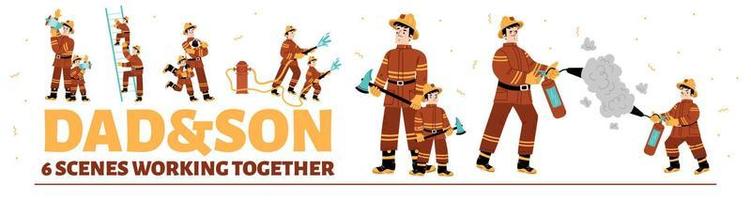 Dad and son fire fighters working together set vector