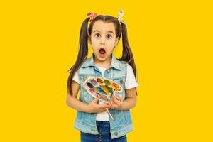 funny child girl on colored yellow background photo