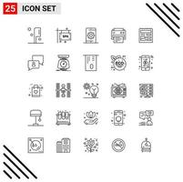 25 Thematic Vector Lines and Editable Symbols of basic education media printing printer Editable Vector Design Elements