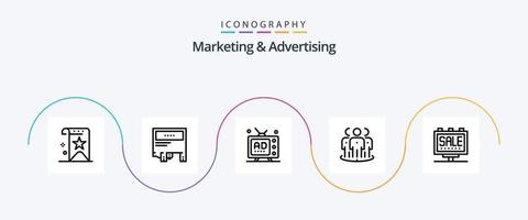 paquete de iconos de la línea 5 de marketing y publicidad que incluye el enfoque. publicidad. mensaje. promoción. medios de comunicación vector