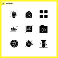 Pack of 9 Modern Solid Glyphs Signs and Symbols for Web Print Media such as exercise shoes communication math calculator Editable Vector Design Elements