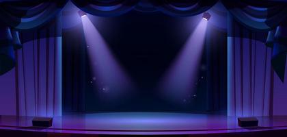 Dark theater stage with spotlights, curtain, drama vector