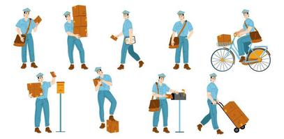 Set of postman characters delivering mail vector