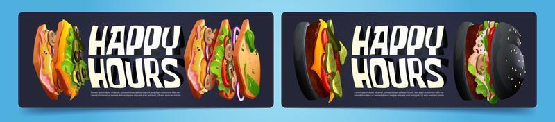 Happy hours posters with burger and sandwich vector