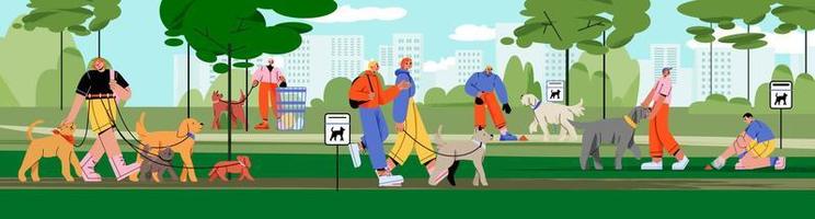 Pet owners walking with dogs in park gathering poo