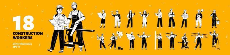Set of 18 construction workers isolated on yellow vector