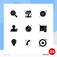Mobile Interface Solid Glyph Set of 9 Pictograms of computers guide down compass user Editable Vector Design Elements