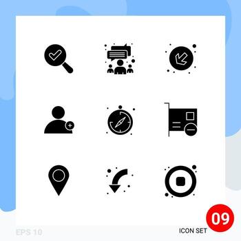 conjunto de glifos sólidos de interfaz móvil de 9 pictogramas de computadoras que guían hacia abajo elementos de diseño vectorial editables por el usuario de la brújula vector