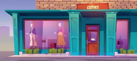 Clothes store facade, apparel shop with mannequins vector