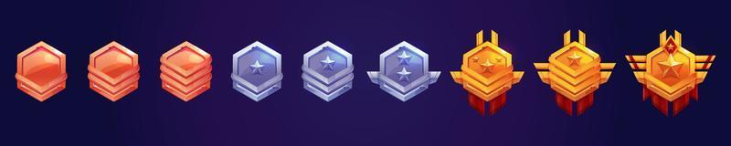 Game rank icons, level badges, hexagon tags set vector