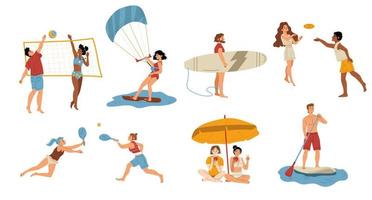 gente descansando en la playa, conjunto de caracteres planos vector