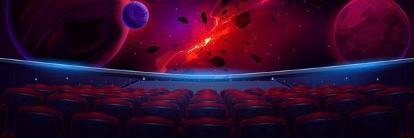 Movie theater with panoramic screen with galaxy vector