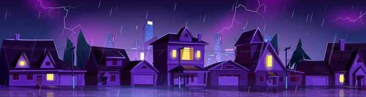 Flood in night suburban town with cottage houses vector