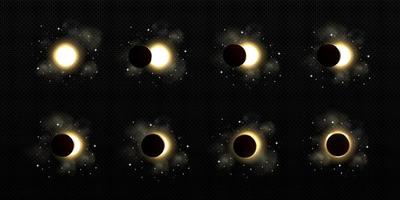 eclipse solar o lunar con estrellas diferentes fases vector