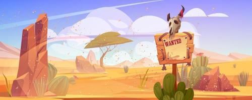 Sand storm in wild west desert with wanted sign vector