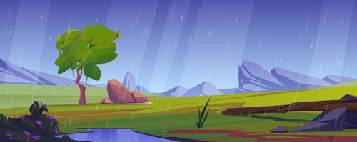 Summer meadow in mountain valley in rain vector